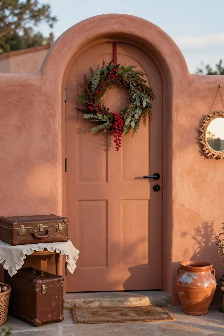 Pink arched wooden door on stucco wall with large Christmas wreath of evergreens, eucalyptus, and red berries, vintage brown suitcases on table with lace cloth beside door, terracotta pots, woven mirror, and welcome mat in front.