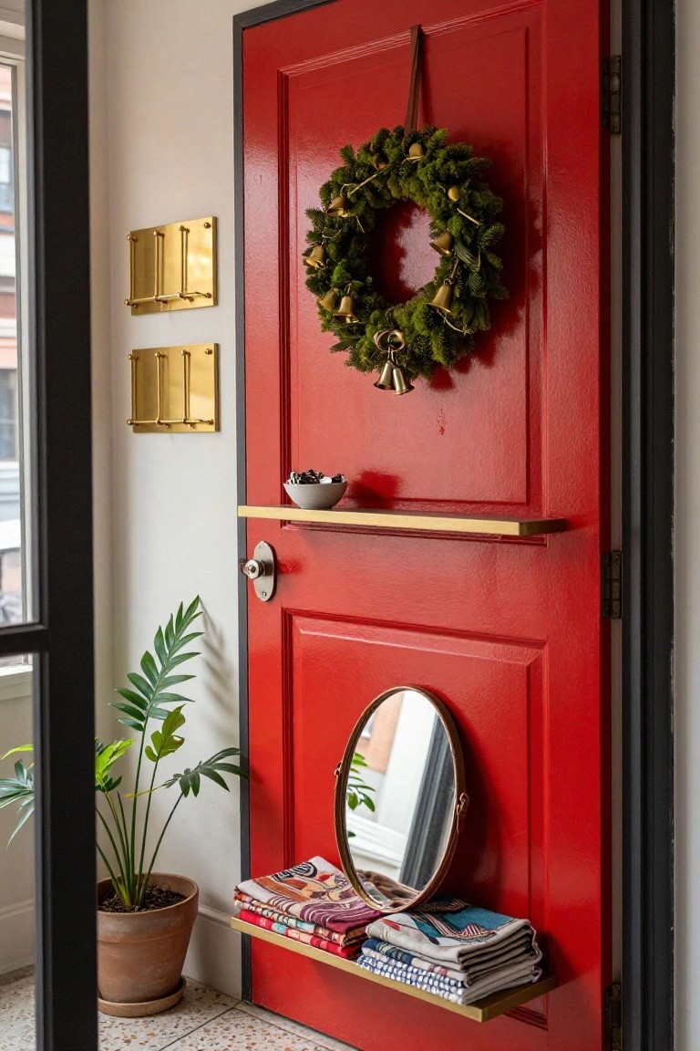Red interior front door with green Christmas wreath and gold bells, flanked by brass wall shelves holding bowl of ornaments, stack of magazines, round mirror, and potted plant in entryway.