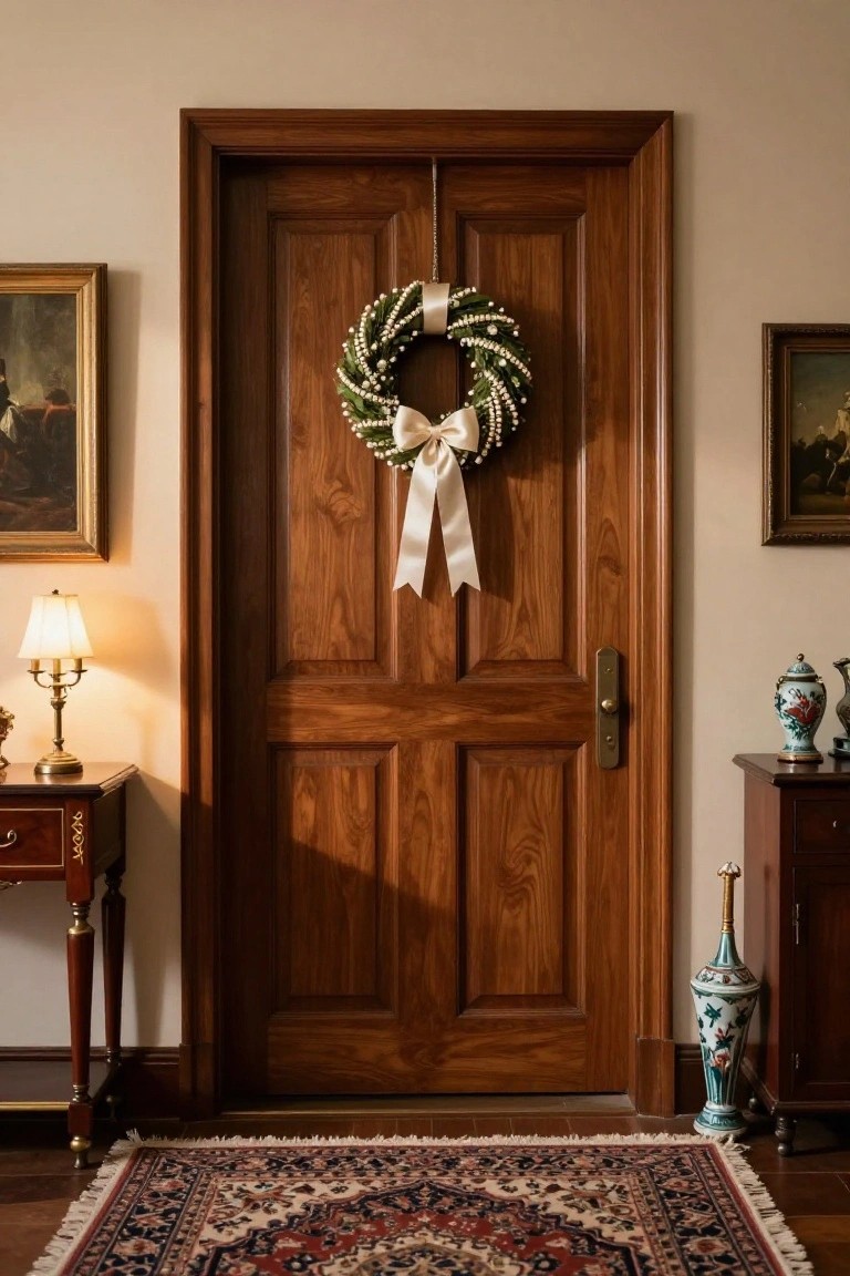 A dark wood door in a beige hallway decorated with a Christmas wreath of pearl strands on green foliage and a large white satin bow, next to antique paintings, a brass lamp, vases, and a patterned rug.
