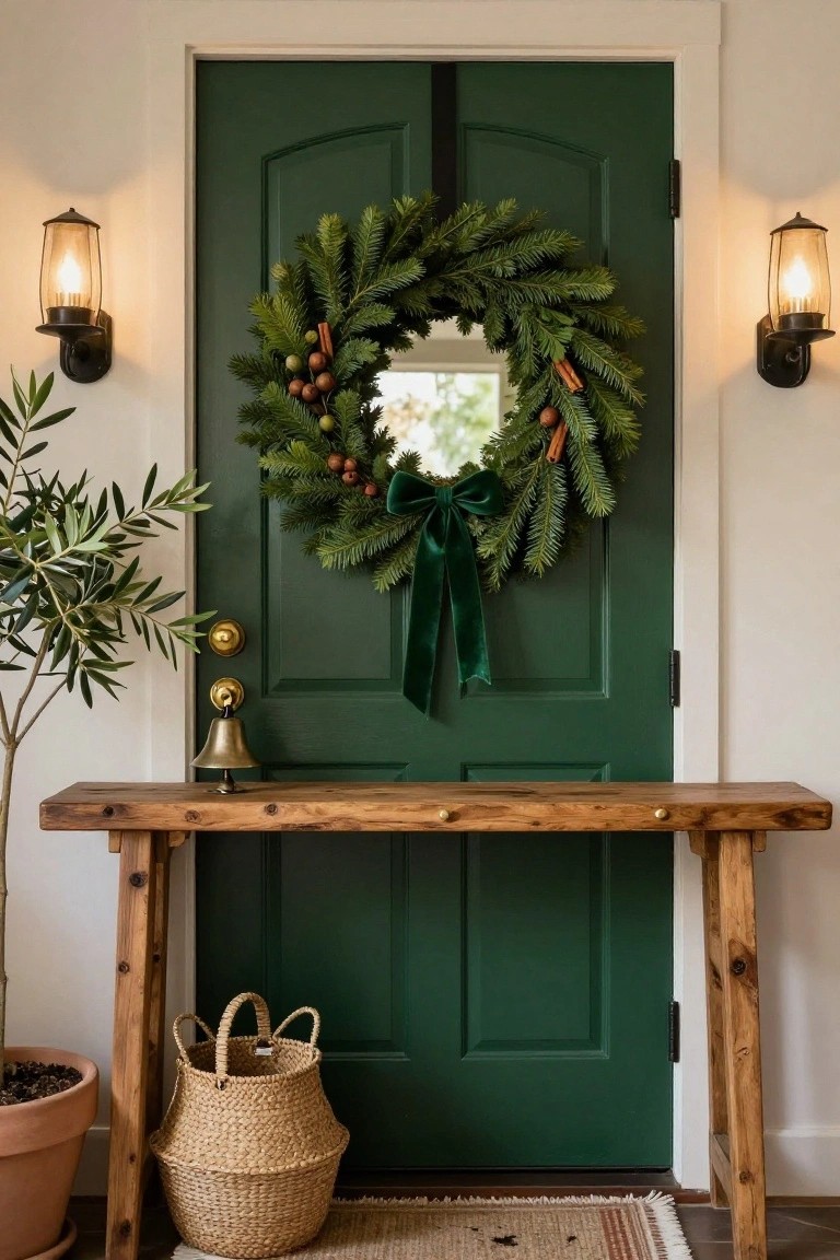 Interior view of a dark green door hung with an evergreen Christmas wreath accented by cinnamon sticks, berries, and a green velvet bow, flanked by black lantern lights, with a rustic wooden console table nearby holding a brass bell, potted olive plant, and seagrass basket on a jute rug.
