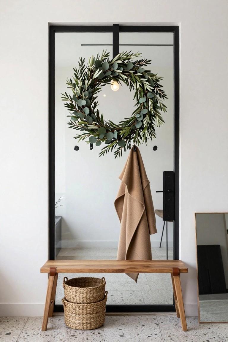 Large green eucalyptus wreath with internal light hanging on tall black metal-framed glass door in white entryway, wooden bench with two stacked wicker baskets in front, beige coat draped on hook beside door.