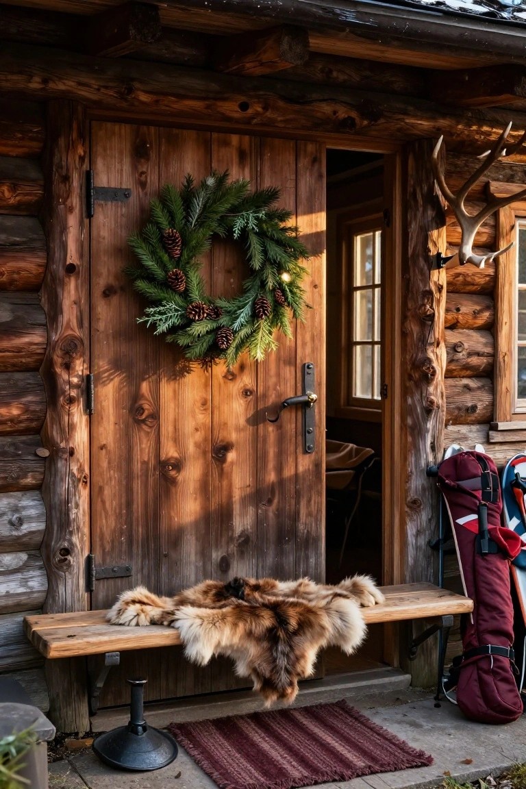 Wooden log cabin door with a green pine wreath featuring pinecones, antlers mounted to the right, skis and backpack leaning against the wall, fur rug on a bench, and a doormat in front.