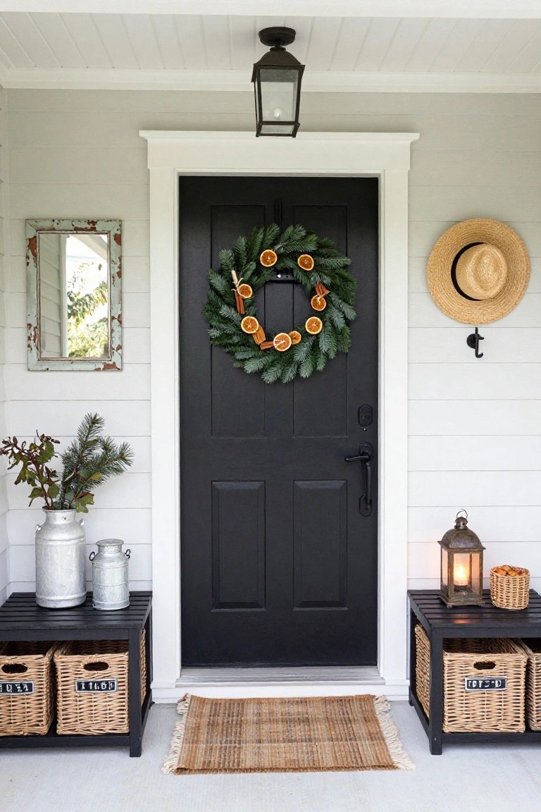 Black front door on a light gray shiplap porch with white trim, decorated with an evergreen wreath of orange slices and fir branches, flanked by wooden benches holding wicker baskets, milk cans with greenery, a lantern, and a straw hat on a hook.