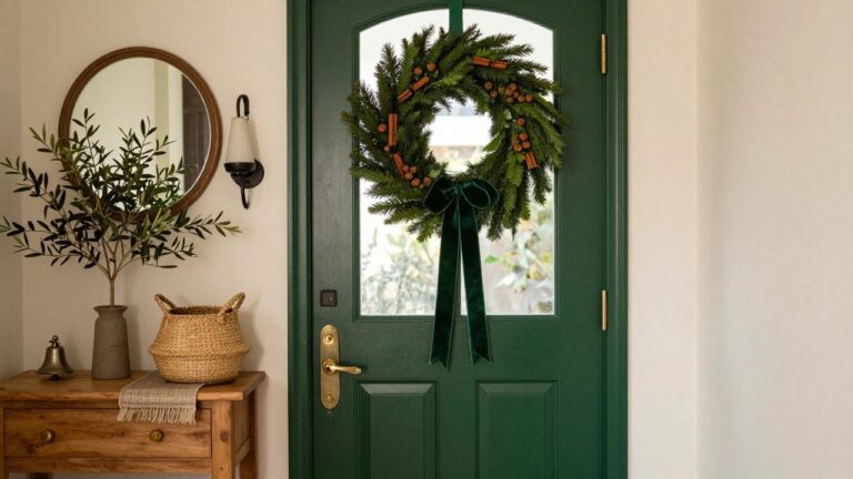 Interior view of a dark green door hung with an evergreen Christmas wreath accented by cinnamon sticks, berries, and a green velvet bow, flanked by black lantern lights, with a rustic wooden console table nearby holding a brass bell, potted olive plant, and seagrass basket on a jute rug.