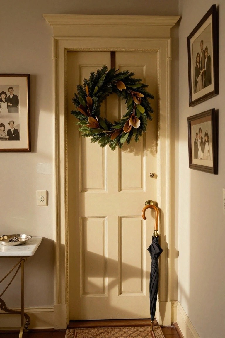 Cream paneled wooden door with a Christmas wreath of fir branches and magnolia leaves centered on it, in a light hallway with framed black-and-white family photos, electrical outlet, small marble-topped table, black umbrella, wooden cane, and woven rug on wood floor.