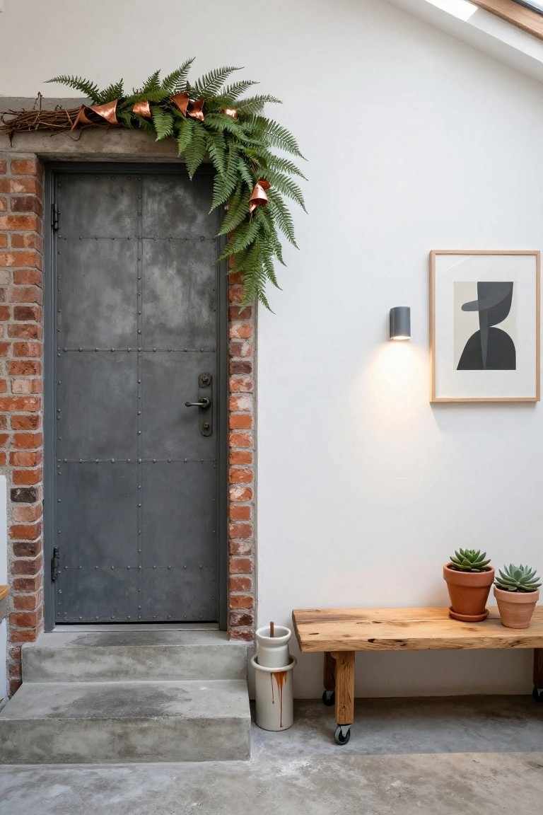 Gray metal door with brick surround in a white interior space, decorated with green fern garland and copper bells draped from the top corner, next to a wooden bench with plants and white buckets.