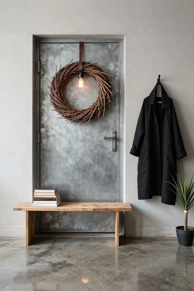 Gray metal industrial door with a circular twig wreath containing a lit incandescent bulb hanging from leather straps, wooden bench holding stacked books in front, black coat on wall hook to the side, potted palm plant, and polished concrete floor.