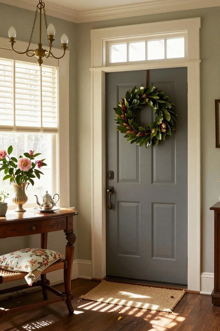 Magnolia Wreath on a Gray Interior Door
