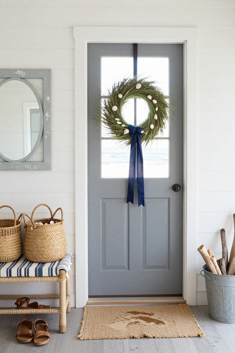 Gray paneled door with a wreath of textured green grasses, white shells, and navy ribbon bow hanging on it, next to a wicker bench holding baskets and sandals in a white shiplap entryway with a seagrass doormat and metal bucket of driftwood.