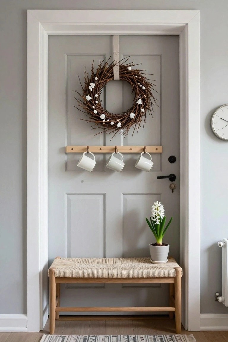 Light gray paneled interior door framed in white with a circular brown twig wreath decorated with white cotton bolls hanging centered, wooden rail with three white mugs below the knob, white hyacinth plant in gray pot, and light wood bench with woven seat at the base.