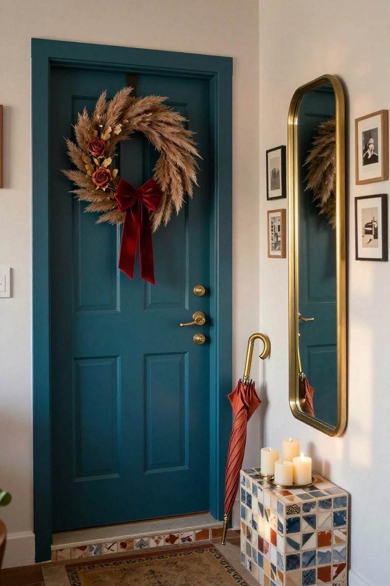 Teal paneled door with large pampas grass wreath accented by dried roses, gold leaves, and red bow, next to gold mirror, photos, red umbrella on tiled stool with candles, in white-walled entryway.