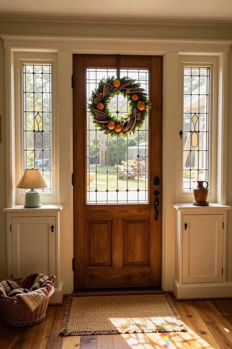 Interior view of an open wooden front door with a wreath of greenery, oranges, and wheat hanging on the glass panel, flanked by stained glass sidelights, white console tables holding a lamp and pottery jug, a woven basket on the floor, and a seagrass rug.