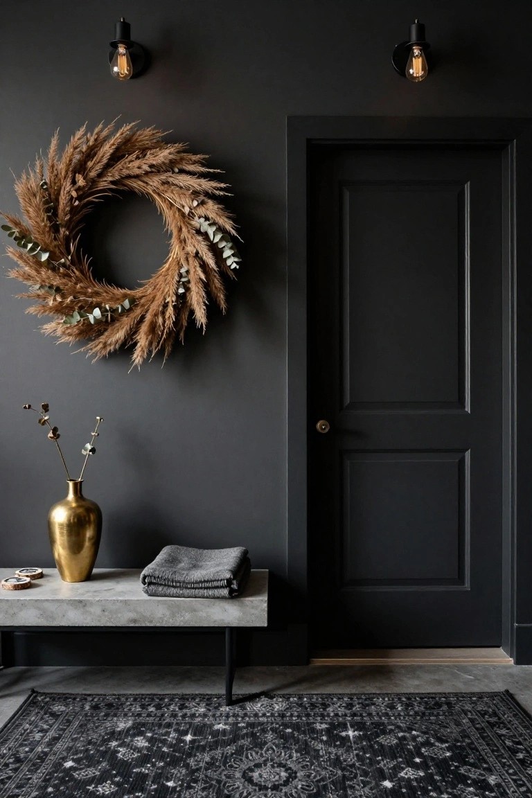 Dark gray entryway wall with large wreath of pampas grass and eucalyptus next to black paneled door, brass vase with dried branches on concrete bench with gray throw, black patterned rug on concrete floor.