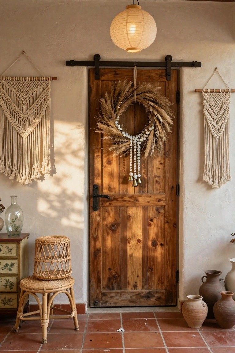 Wooden barn-style sliding door with large wreath of wheat sheaves, pearl strands, and bells, flanked by macrame hangings on adobe walls, beside wicker stool and pottery vases on terracotta tile floor.