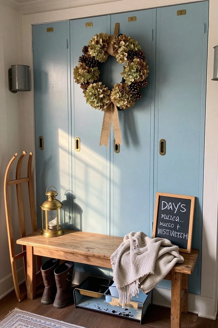 Blue metal lockers with gold numbers and handles, a wreath of dried hydrangeas, pinecones, and burlap ribbon hanging on the center doors, wooden bench with boots and blanket nearby, skis and lantern beside it in an indoor entryway.