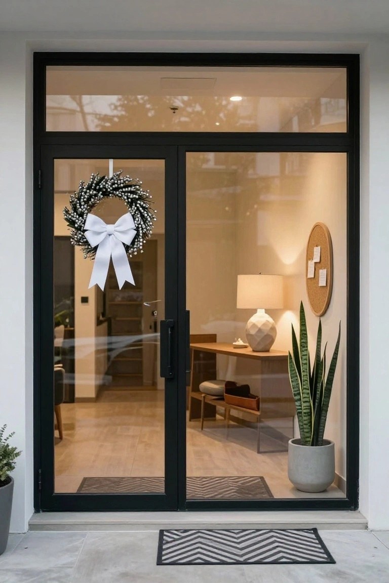 Black framed glass double front door with sparkly evergreen Christmas wreath and large white bow on the left door, potted plants on the exterior step, zigzag doormat, and interior office visible through the glass.