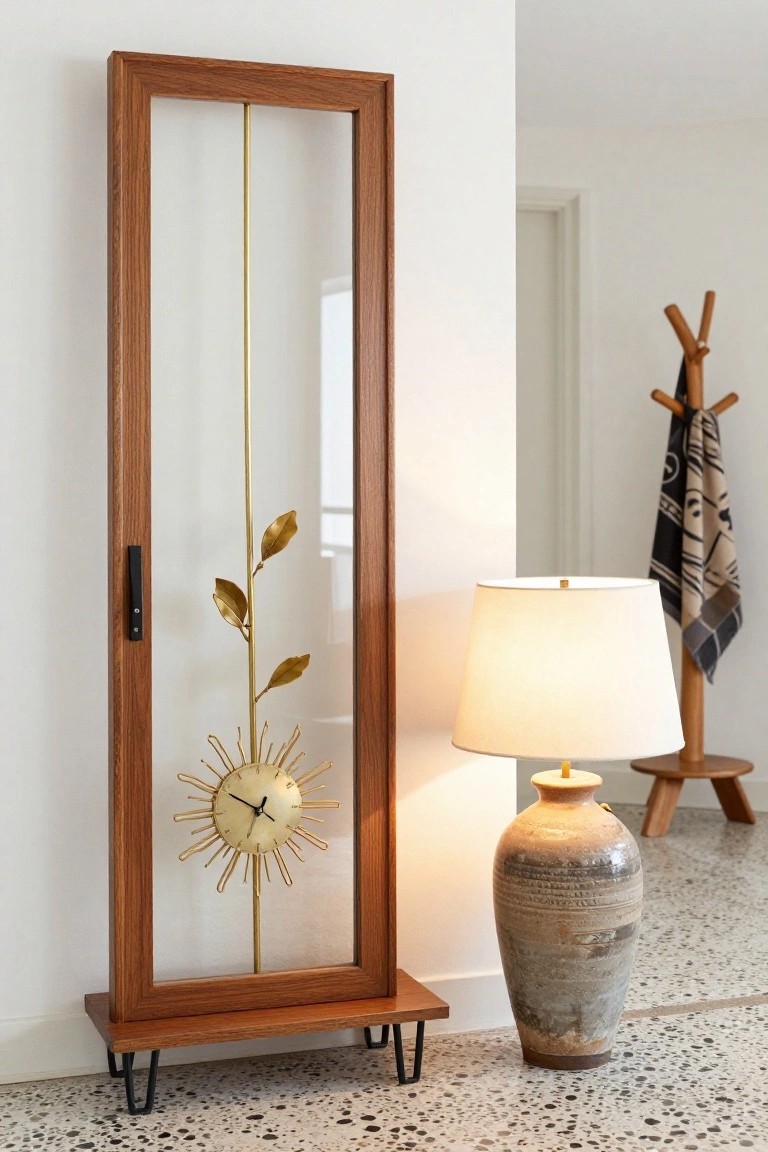 Tall narrow wooden cabinet with glass panels enclosing a gold sunburst clock on a central stem, supported by black hairpin legs, positioned in a white-walled entryway near an open door, coat rack, lamp, and terracotta vase on terrazzo floor.