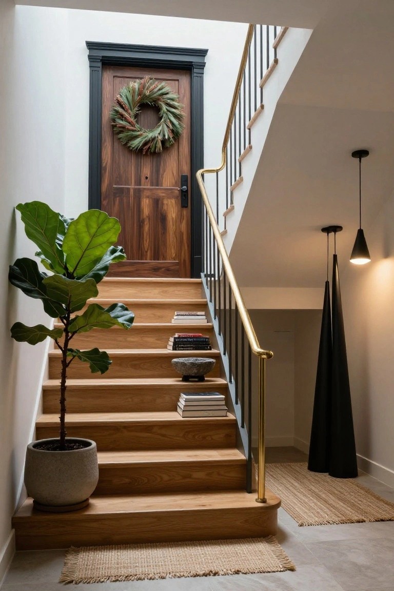 Interior view of wooden stairs leading to a dark wood door with black trim and a textured wreath of green and brown grasses, with a large potted fiddle leaf fig plant beside the stairs, books and a stone bowl on the steps, black floor lamps, and pendant lights overhead.