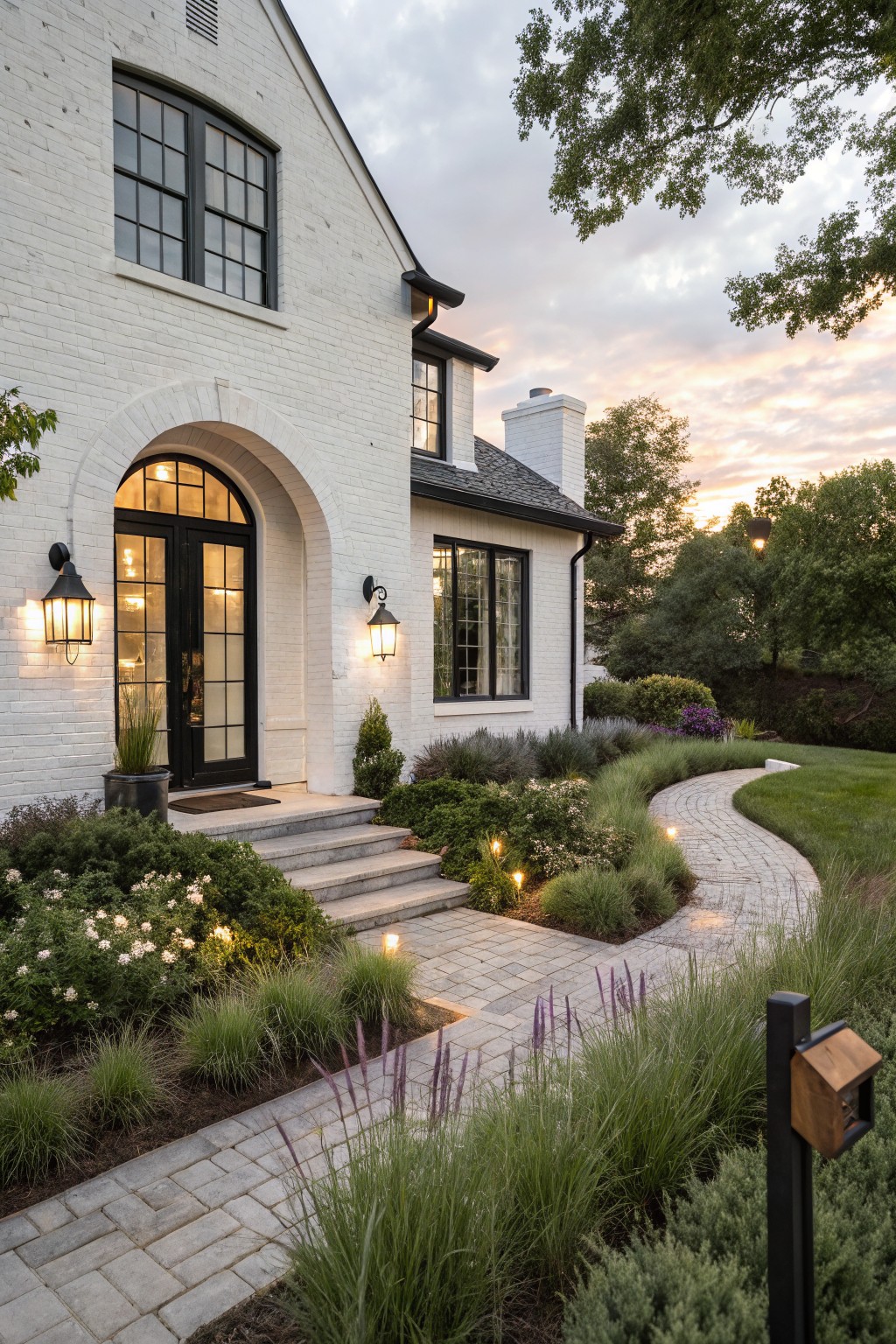 White painted brick house exterior featuring a black metal arched double door entry with glass panels, flanked by black lantern lights, stone steps, and a curved brick paver path lined with ornamental grasses, lavender, and shrubs leading from the lawn, with black framed windows, trees, and sunset sky.
