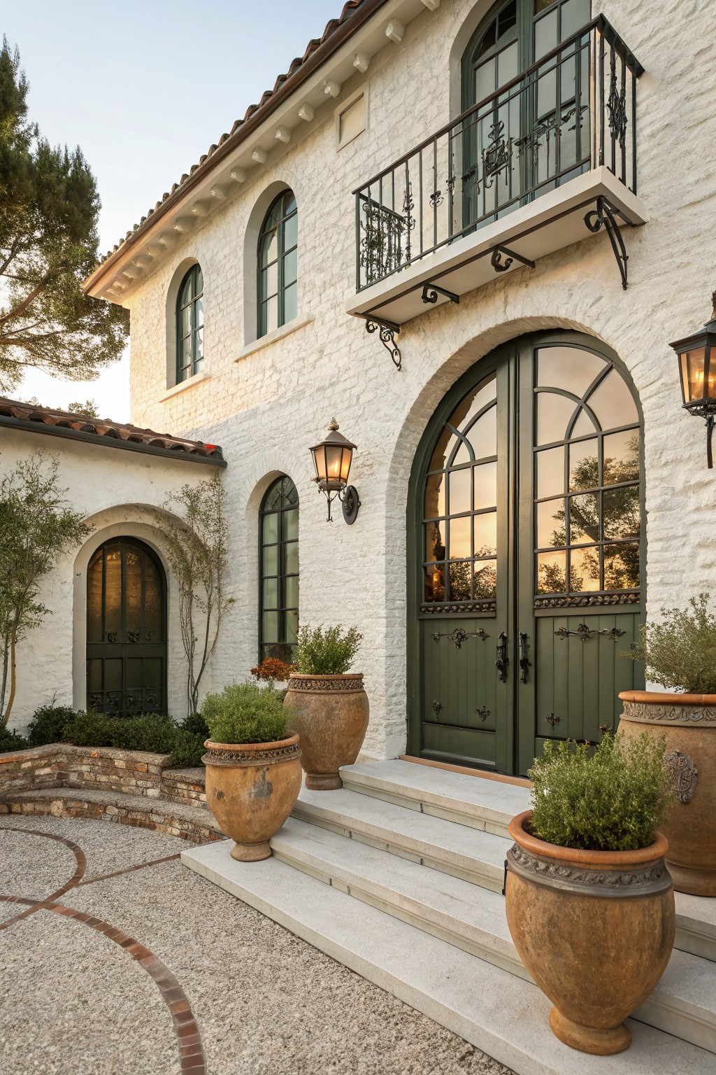 White painted brick house exterior with central arched dark green double doors, wrought iron balcony above, side arched black door, wall lanterns, terracotta pots with plants, and stone steps on a gravel path.
