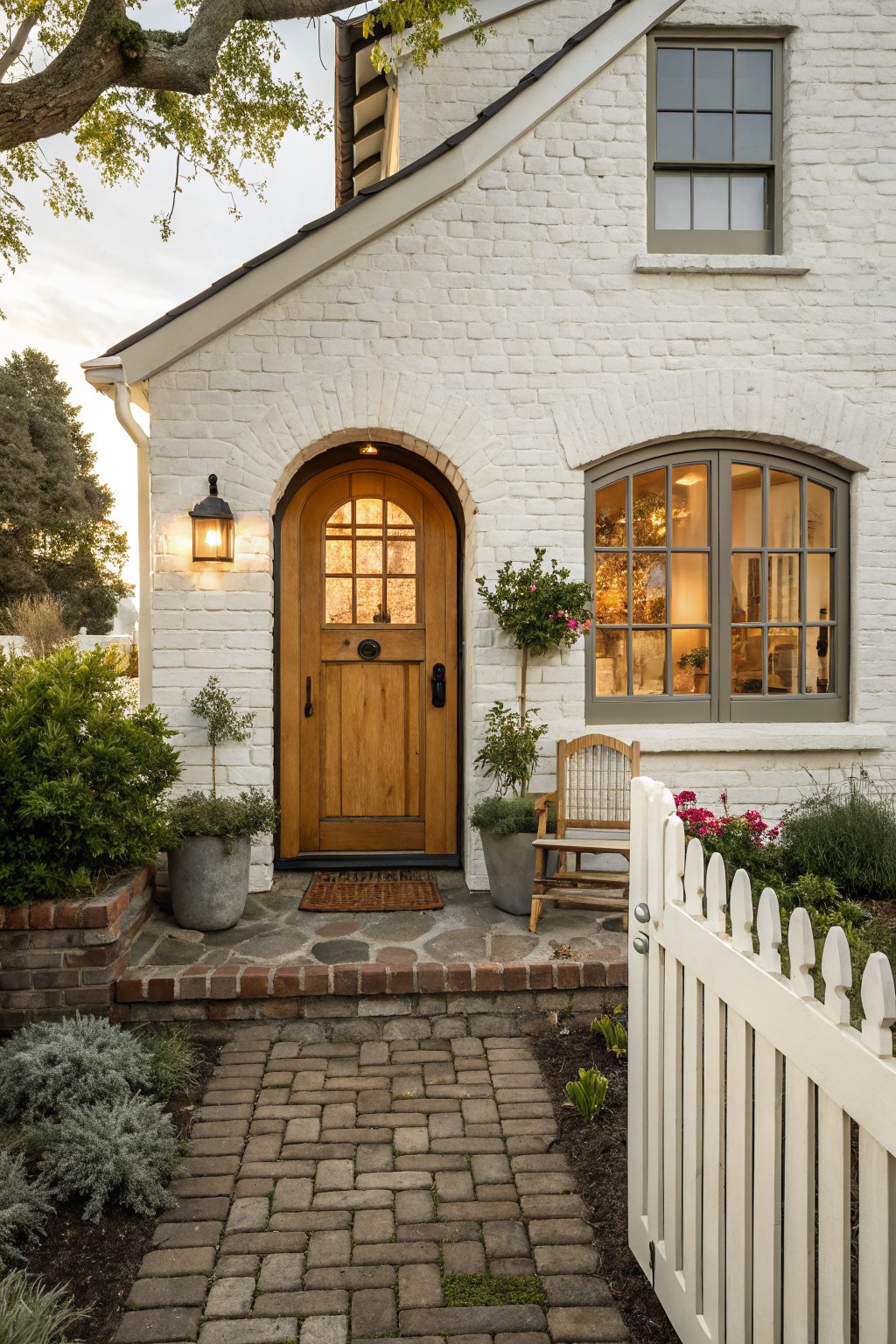 White painted brick house exterior with arched light wooden front door featuring glass panels, black lantern light to the side, potted plants, wooden bench, and white picket fence along a brick pathway.