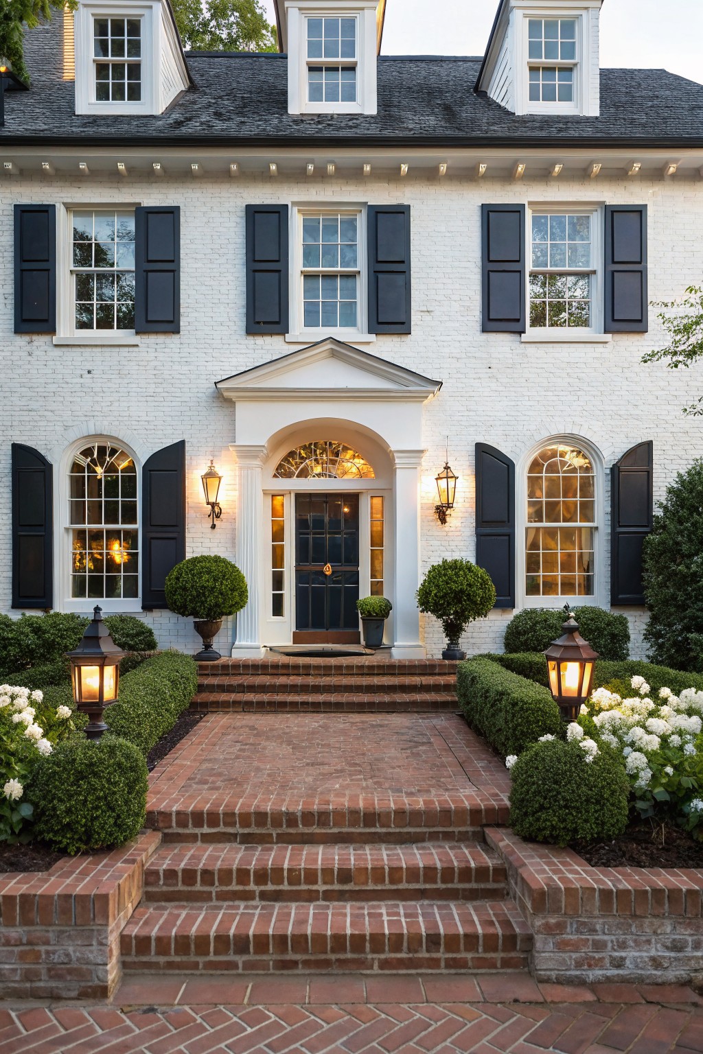 White painted brick house facade with black shutters on multi-pane windows, a dark wood front door under a white pedimented portico, flanked by lanterns, brick steps, and boxwood hedges.