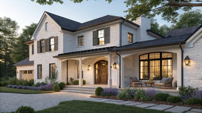 White painted brick house exterior with black shutters and windows, arched wooden front door flanked by lanterns, covered porch with columns, stone steps, and gravel path with low plantings.