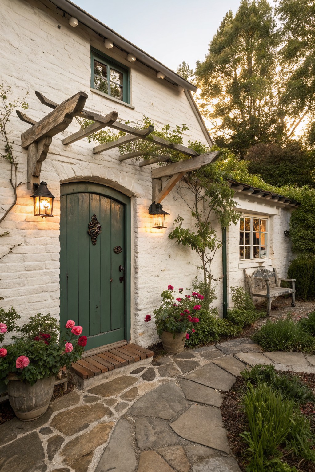 White painted brick house exterior with a dark green arched wooden door, iron lanterns on either side, wooden pergola with climbing vines overhead, potted red roses, wooden bench, and stone pathway leading to the entry.
