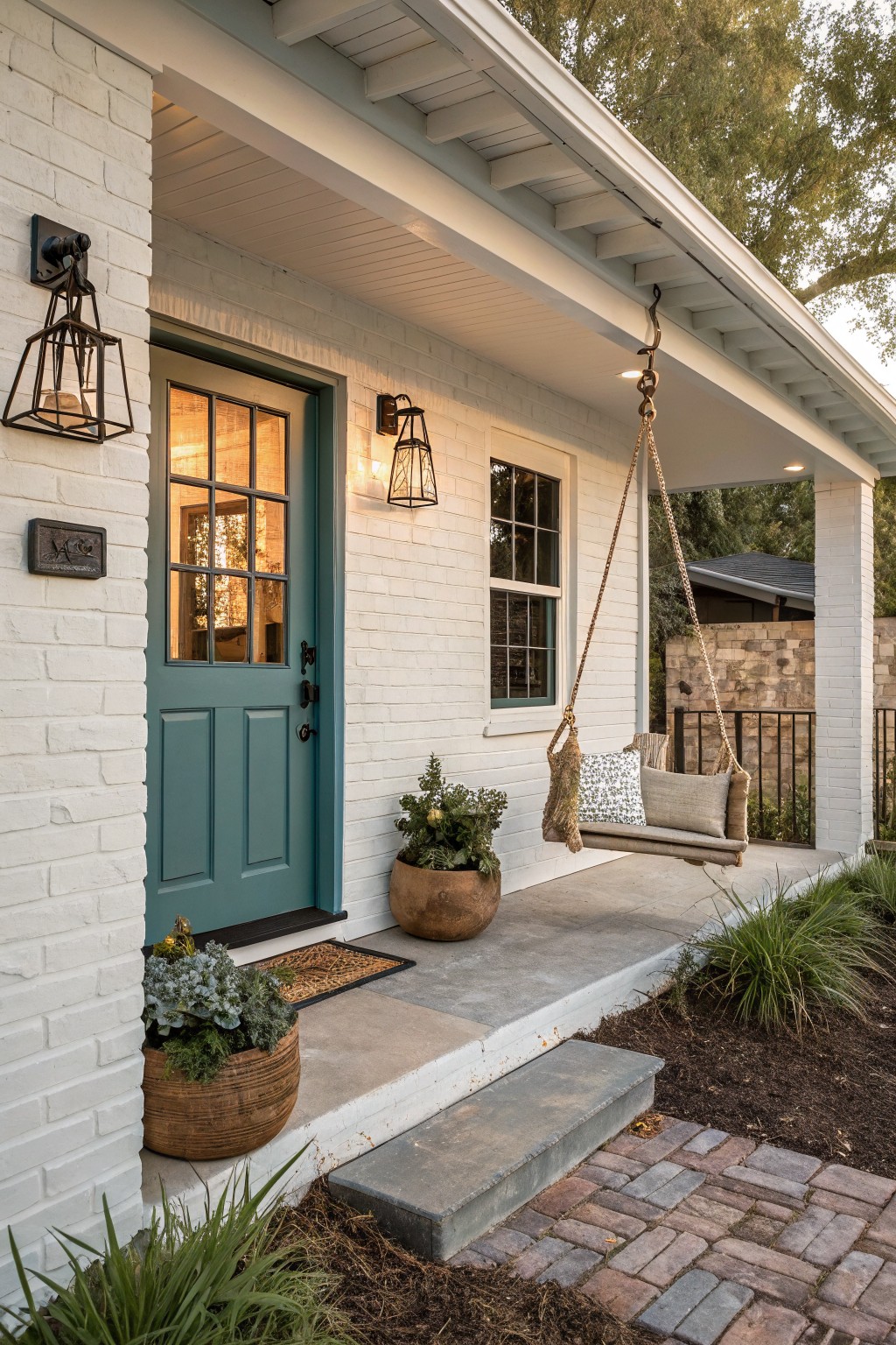 White painted brick house exterior featuring a teal paneled front door with nine-lite window, flanked by black lanterns, a hanging rope porch swing with cushions, potted plants on the porch, and steps leading to a brick path.