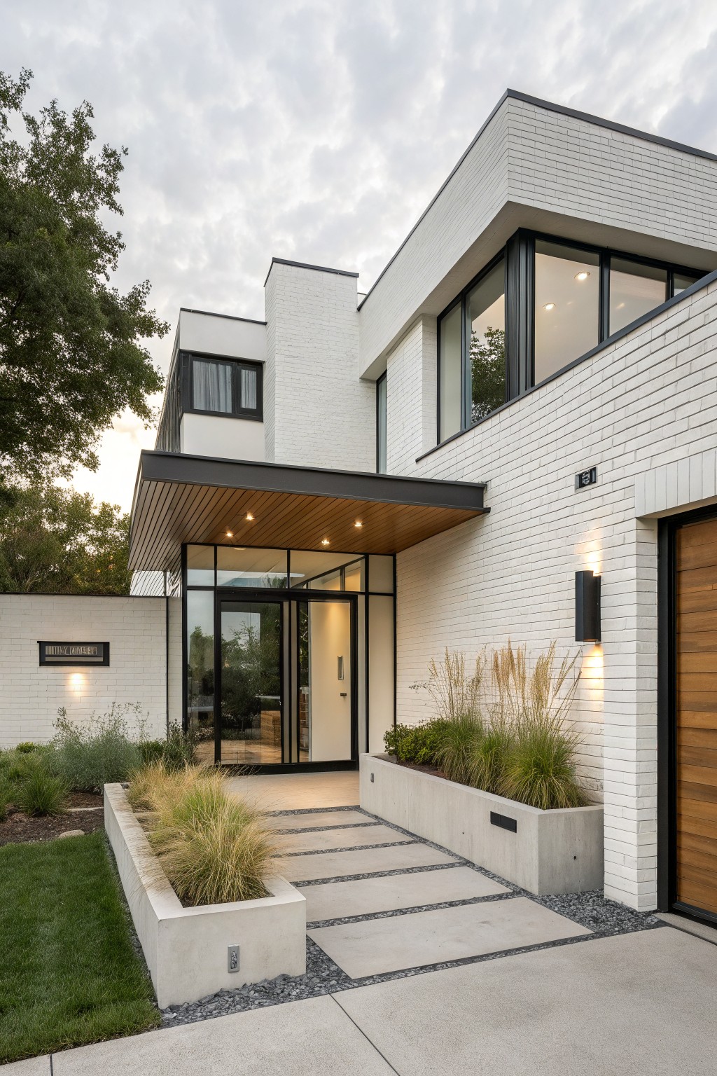 Two-story modern white brick house exterior with cantilevered wooden canopy over glass entry doors, black-framed windows, wood garage door, concrete planters with ornamental grasses, and concrete paver pathway.