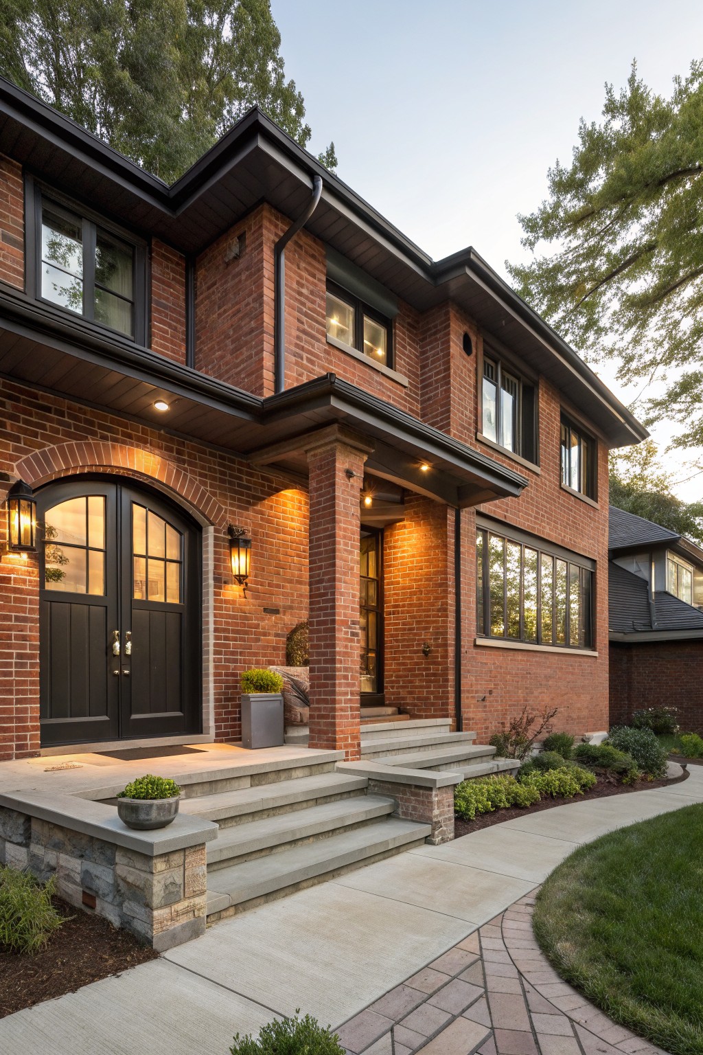 A two-story red brick house with black-framed windows and double doors under an arched brick entryway, flanked by lanterns and stone steps, with low landscaping and a curved brick path nearby.