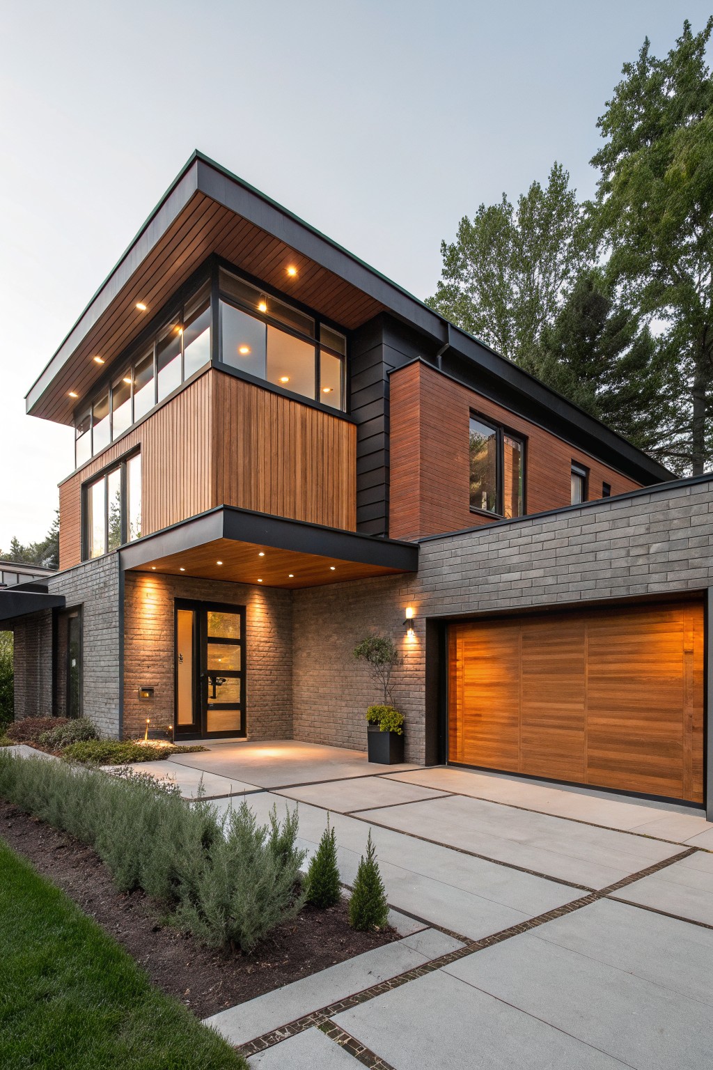 Modern two-story house exterior with gray brick base, warm wood cladding on upper levels and garage door, black metal accents, large windows, entryway lighting, and concrete driveway with shrubs.