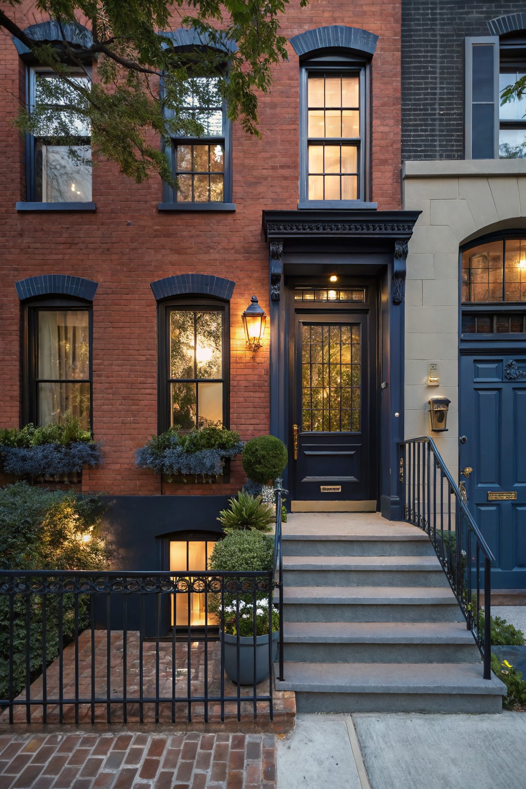 Red brick townhouse exterior with black window frames, dark front door with lantern light, window boxes with plants, steps to entry, and adjacent buildings in beige and blue.