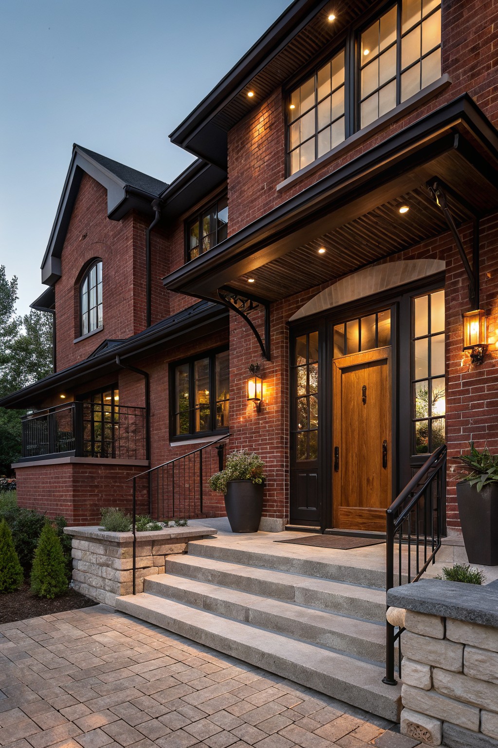 Two-story red brick house exterior at dusk with black window frames, dark wood front door under a covered porch, stone steps, metal railings, potted plants, and landscape lighting.