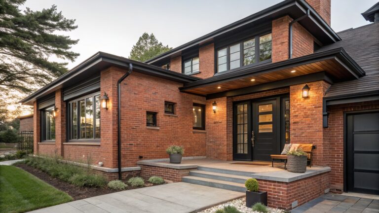 A two-story red brick house with black-framed windows and double doors under an arched brick entryway, flanked by lanterns and stone steps, with low landscaping and a curved brick path nearby.