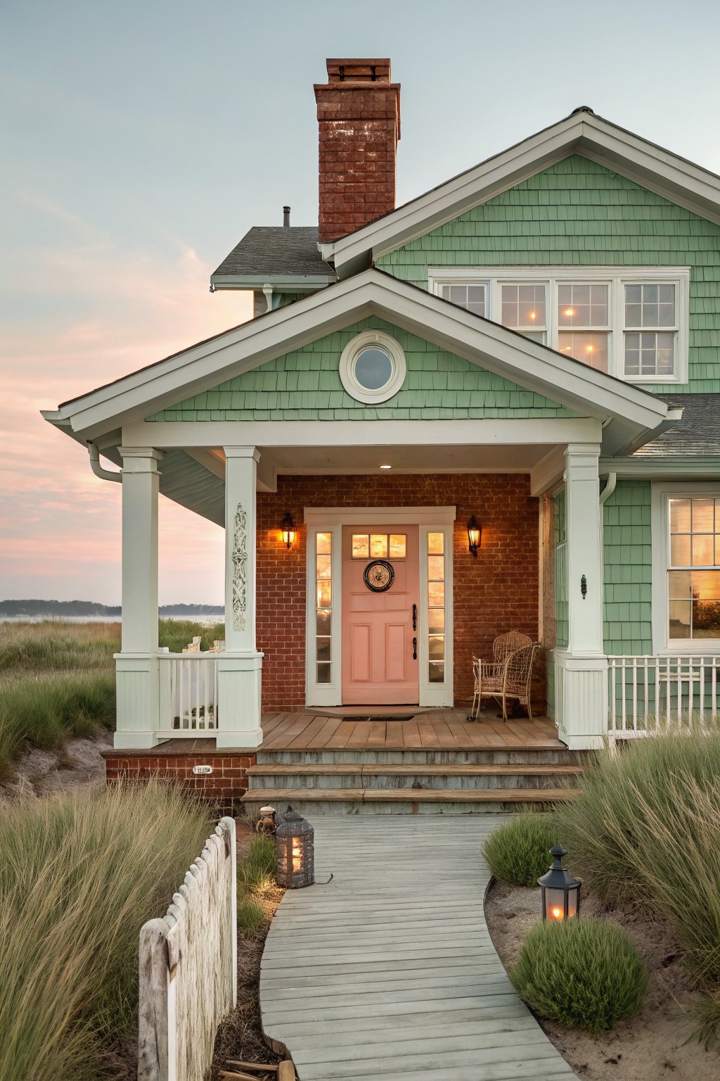 A seafoam green shingle house with red brick base and chimney, pink front door, white porch with columns, wicker chair, lanterns, and boardwalk path through beach grass at sunset.