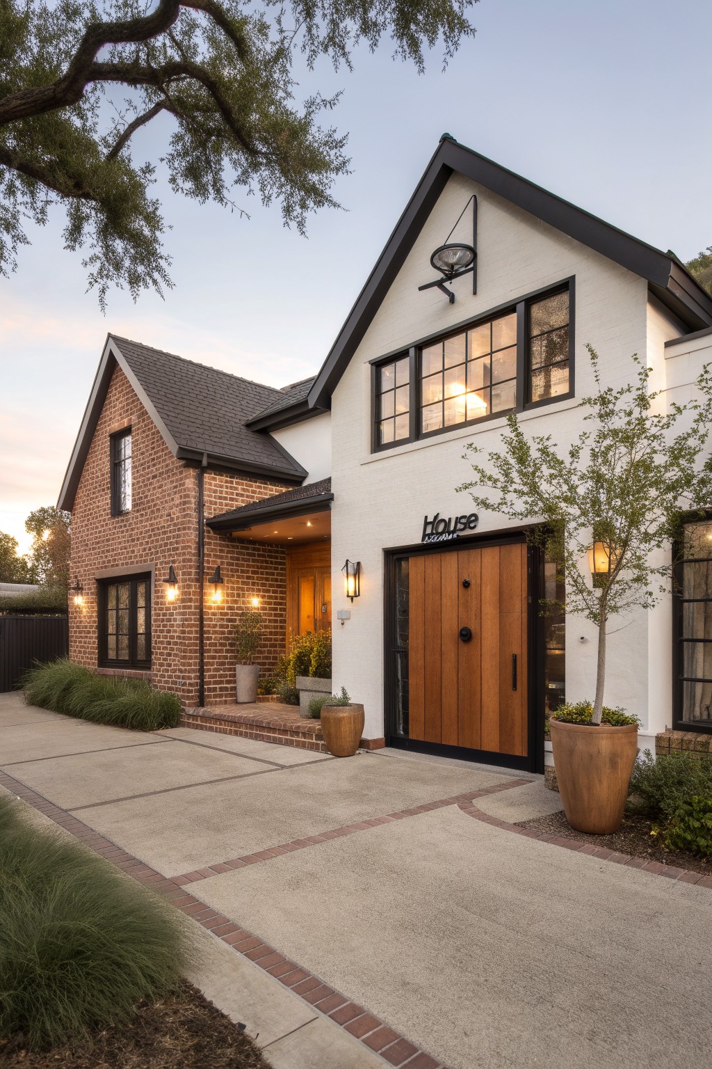 House exterior showing red brick on the left side, white stucco wall and entry on the right, black roof and window frames, wooden front door with black hardware, lanterns, potted plants, and driveway.