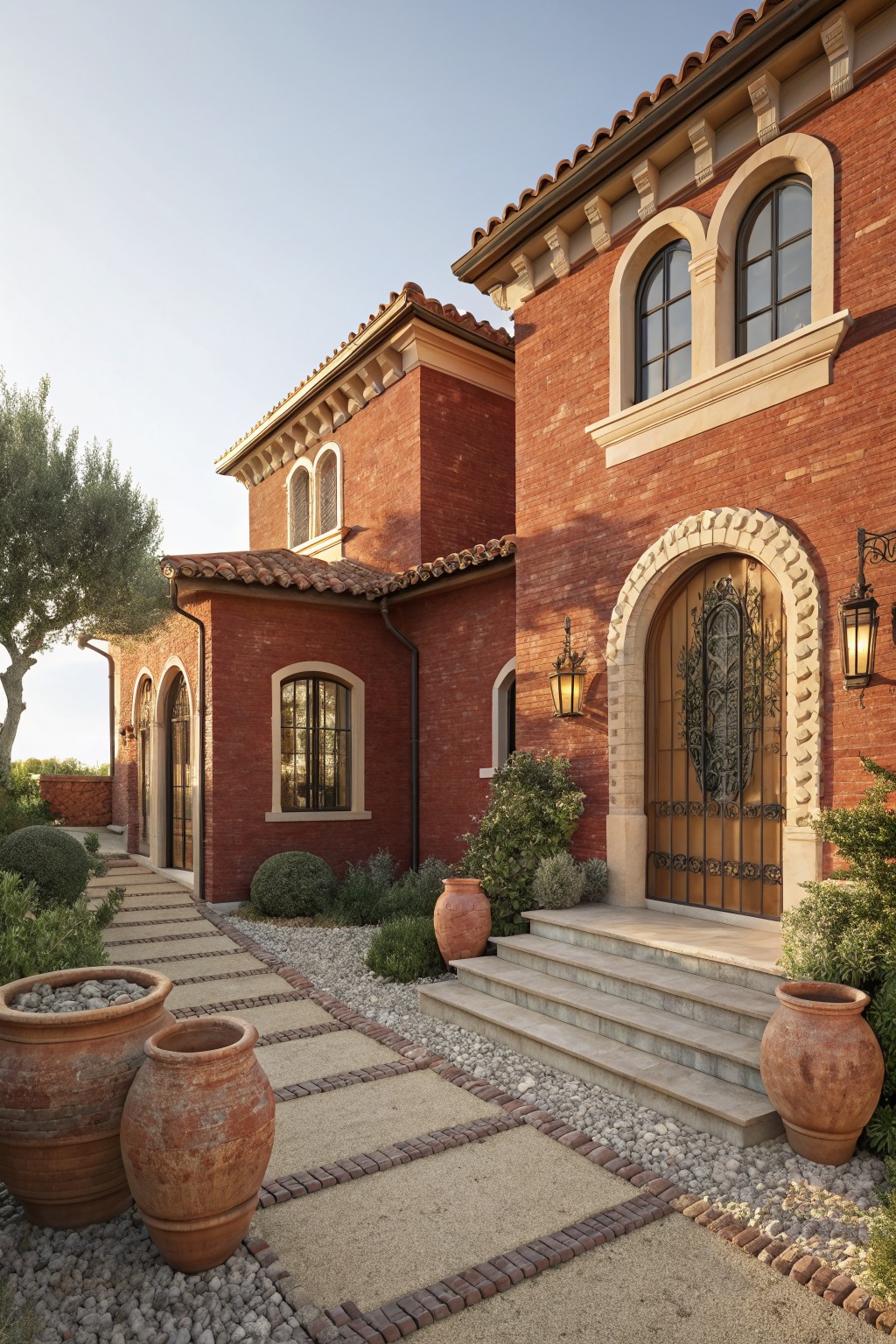Red brick house facade with terracotta tile roof, light stone arched entryway with ornate wooden door, wrought iron lanterns, stone steps, gravel pathway lined with terracotta pots and low shrubs.