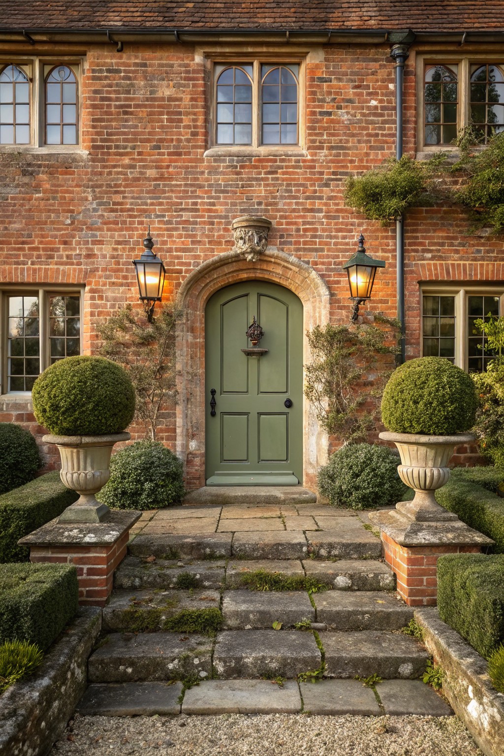Red brick house facade with arched sage green wooden front door, flanked by black lanterns and stone urns holding clipped green topiary balls, approached by stone steps edged in brick and boxwood hedges.