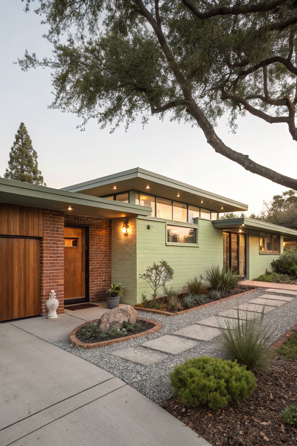Mid-century modern house exterior featuring pale green siding, red brick entry pillar and accents, vertical wood garage door, lantern light, potted plant, stone garden bed, gravel path, and surrounding trees at dusk.
