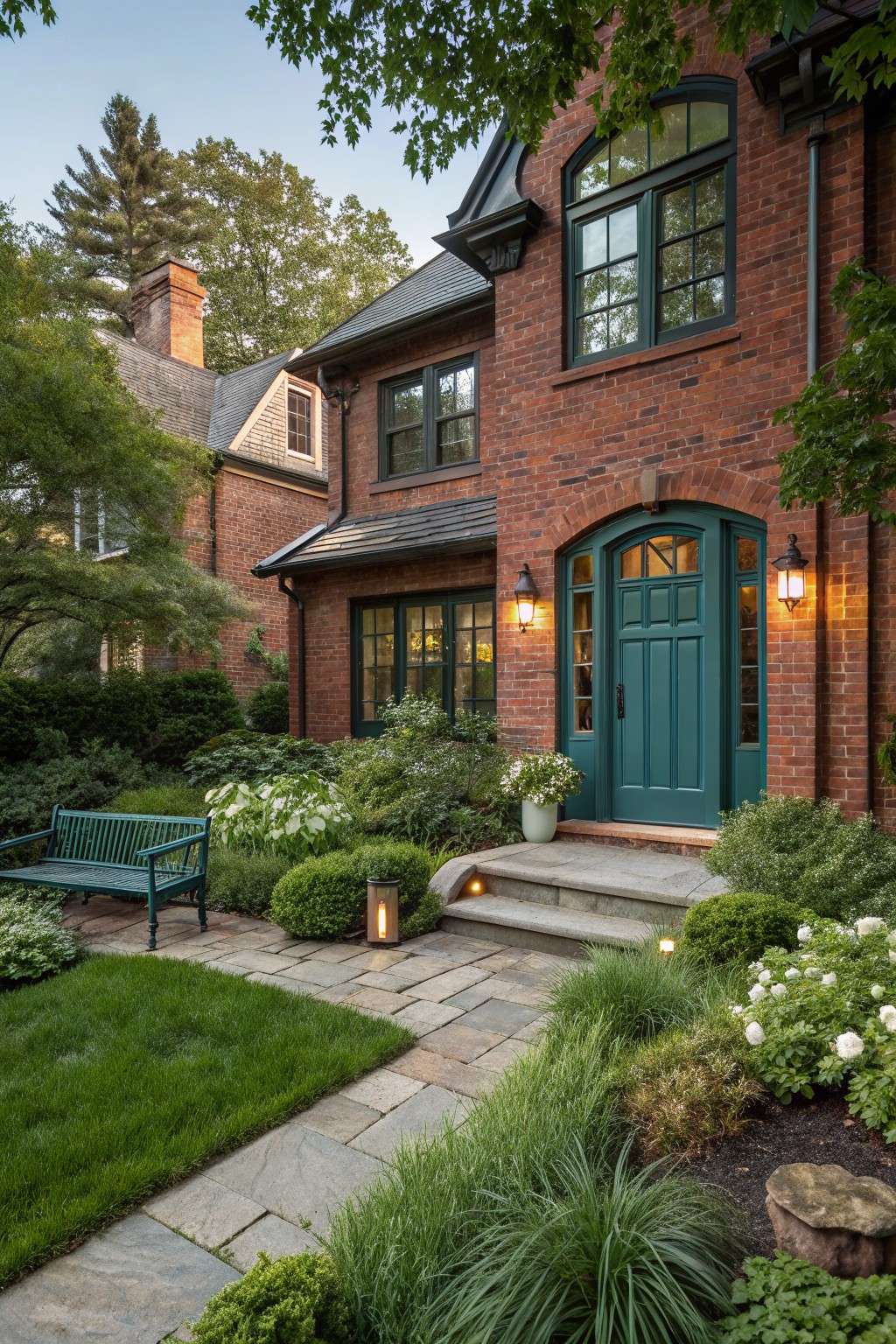 Red brick house facade with teal paneled front door in arched entryway, sidelights, lanterns, stone steps, pathway, bench, and landscaped plantings.