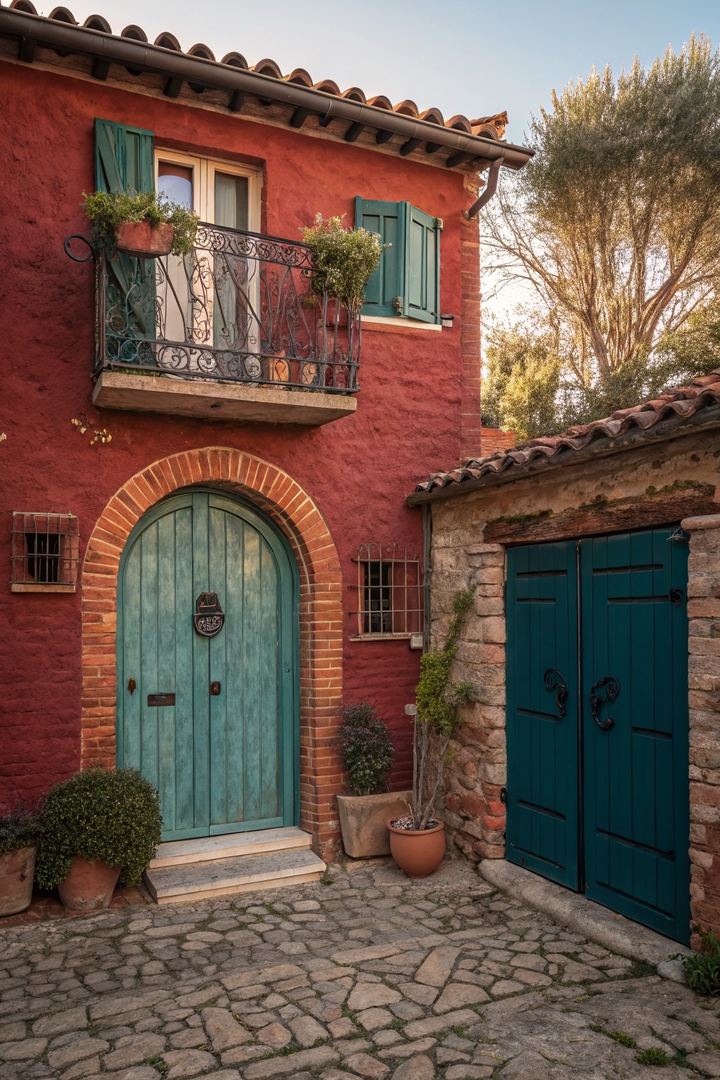 Red brick house exterior featuring an arched turquoise wood front door flanked by small windows, green shutters on upper balcony windows with wrought iron railing, adjacent stone garage with double teal doors, potted plants, and pebble stone courtyard.