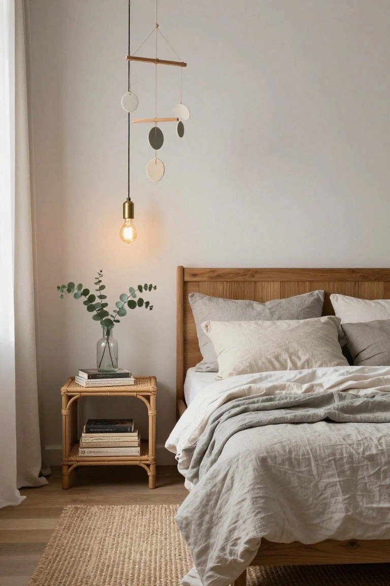 Bedroom with wooden bed frame, gray linen bedding and pillows, rattan nightstand holding stacked books and glass vase of eucalyptus branches, brass pendant lamp, hanging clay disc mobile, and sheer window curtain.