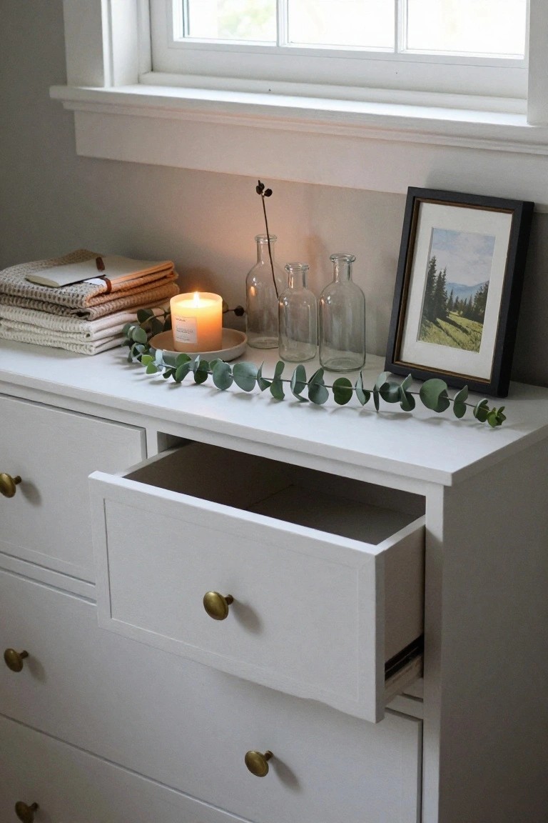 White wooden dresser with brass knobs and one open drawer, topped with stacked linen towels, a lit white candle on a small plate, glass bottles, a framed landscape photo, and a garland of eucalyptus leaves draped along the edge, next to a window.