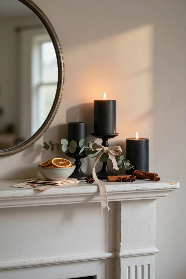 White mantelpiece above a fireplace decorated with black pillar candles on black stands, eucalyptus branches tied with beige linen ribbon, a bowl of dried orange slices, cinnamon sticks, and star anise, next to a round brass mirror and window.