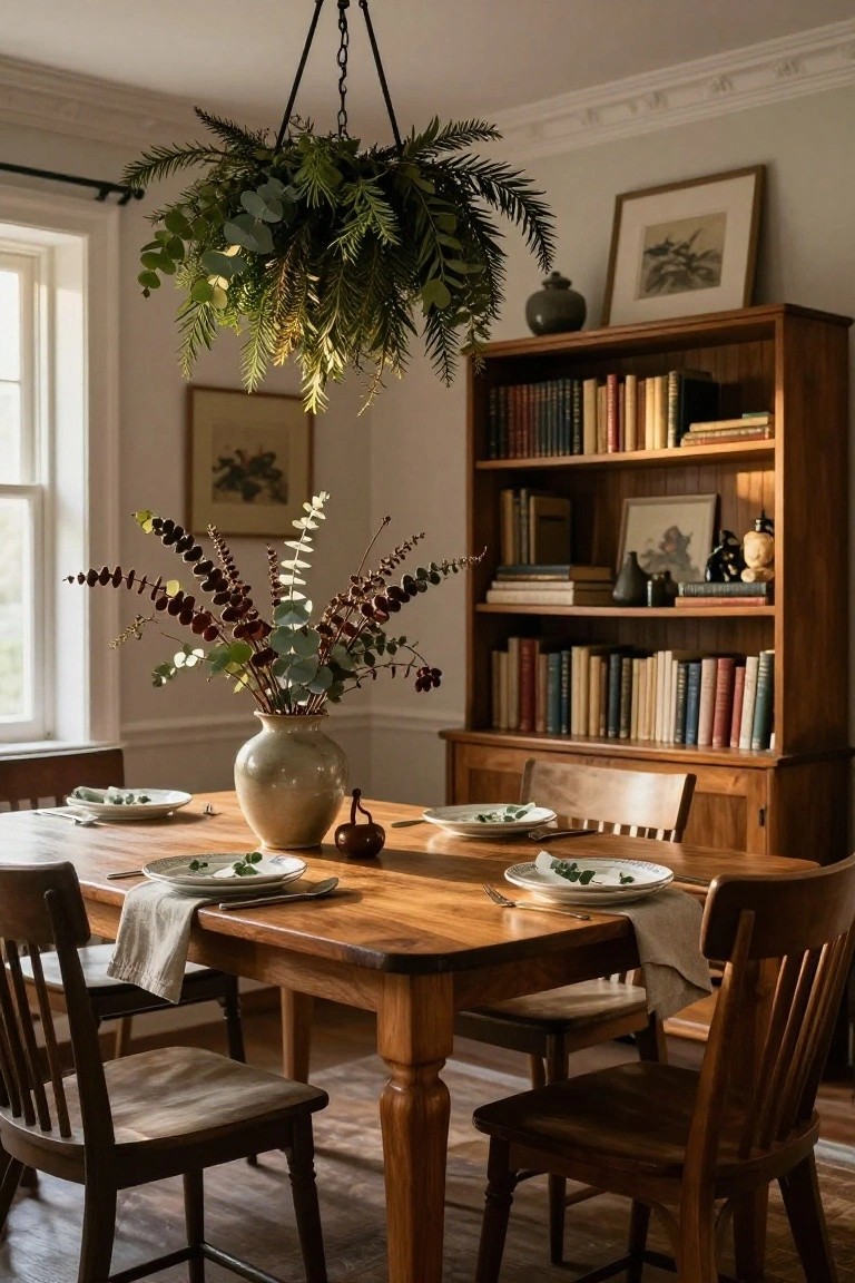 Dining room with wooden table set with white plates, napkins, and eucalyptus leaves, a large suspended greenery arrangement of eucalyptus and ferns hanging from a black chain light fixture above the table, wooden bookshelves with books and decor, and a tall vase of eucalyptus branches on the table.