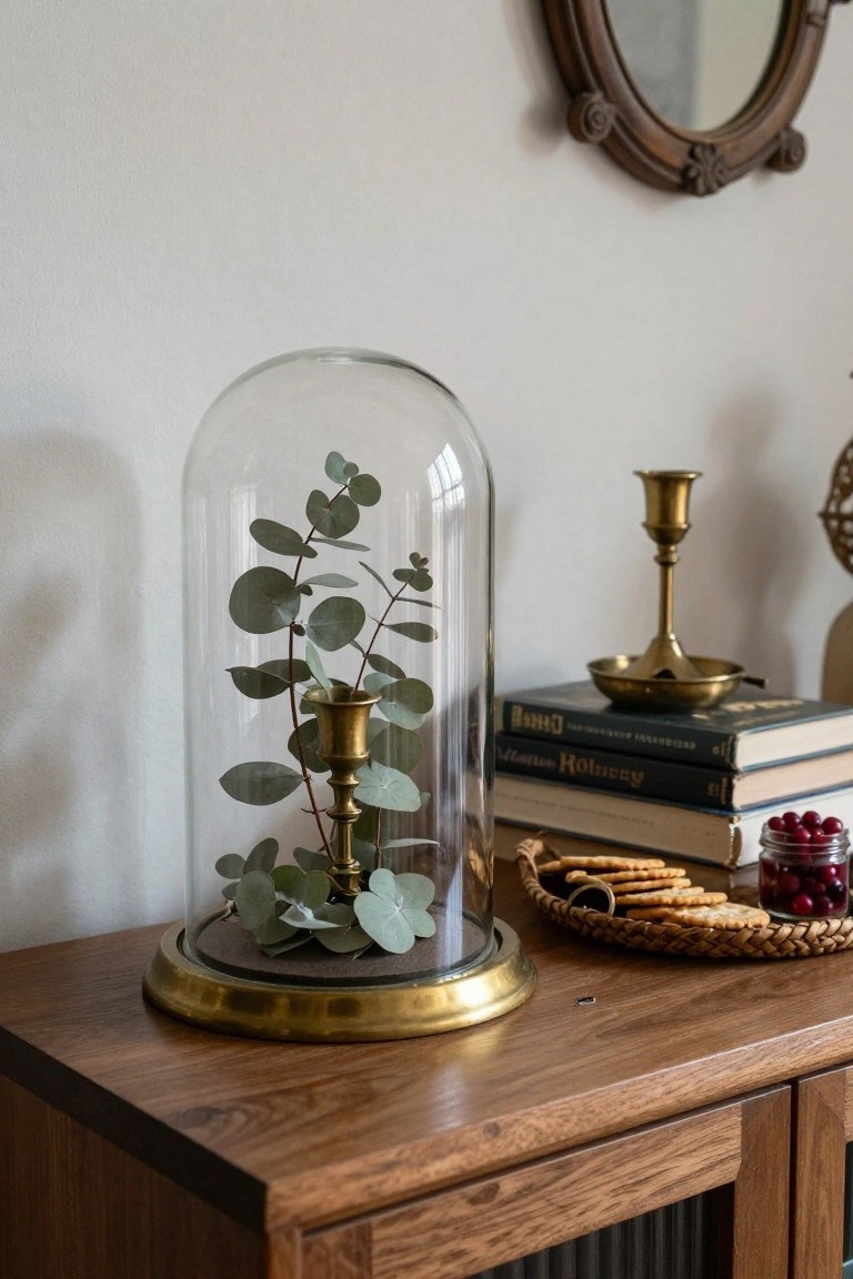 Glass cloche on a wooden sideboard containing dried eucalyptus branches arranged around a brass candlestick, with stacked books, a brass candlestick holder, woven basket of crackers, and jar of red berries nearby against a white wall with an oval mirror.