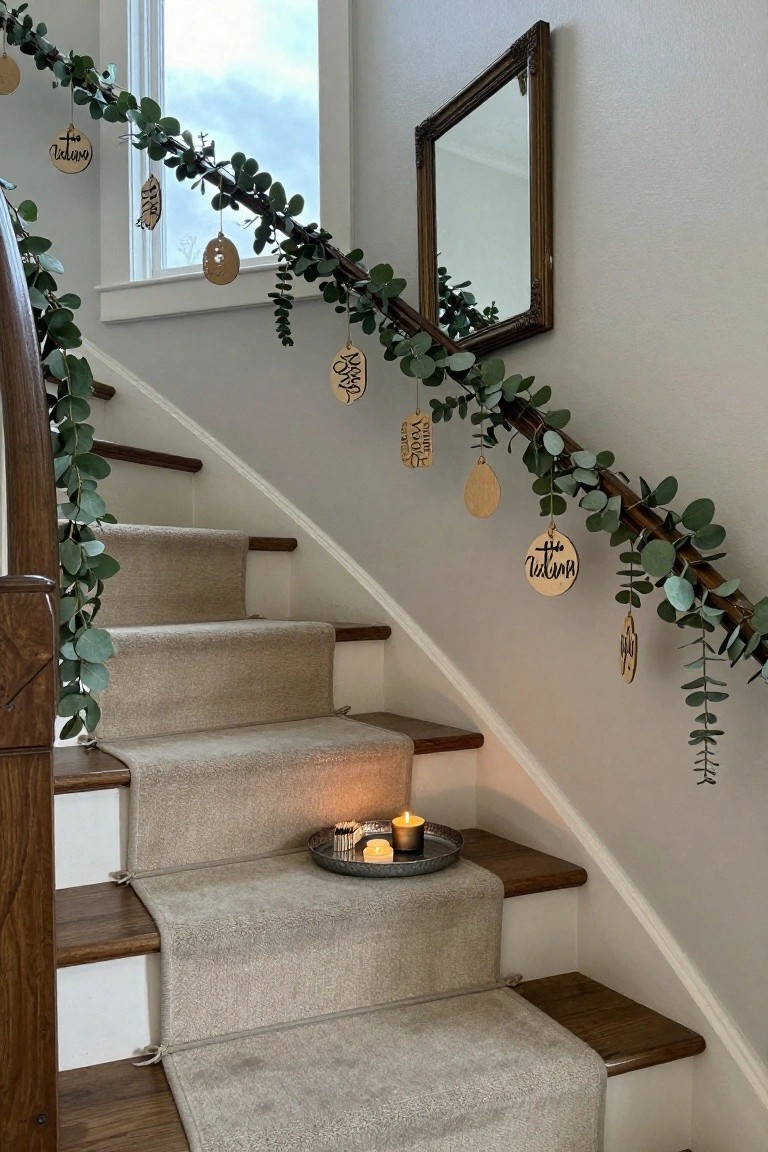 Wooden staircase with beige carpet runner, eucalyptus garland draped along the railing with hanging wooden disc ornaments bearing text, a silver tray holding candles on one step, and a framed mirror on the wall.