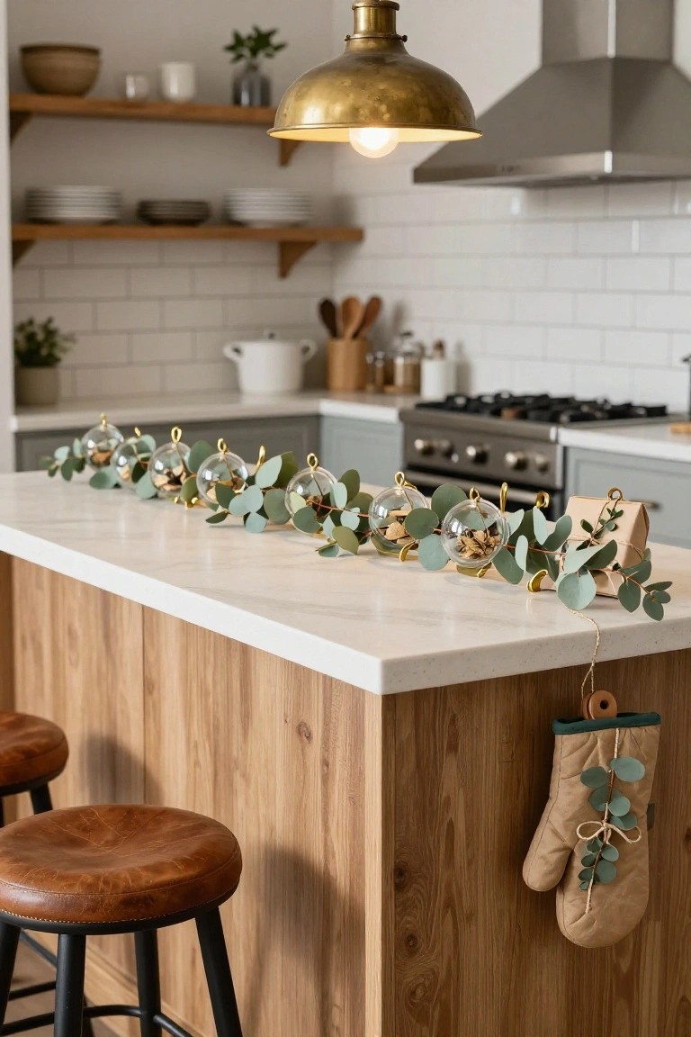 Kitchen island with eucalyptus and glass ornaments on marble counter.