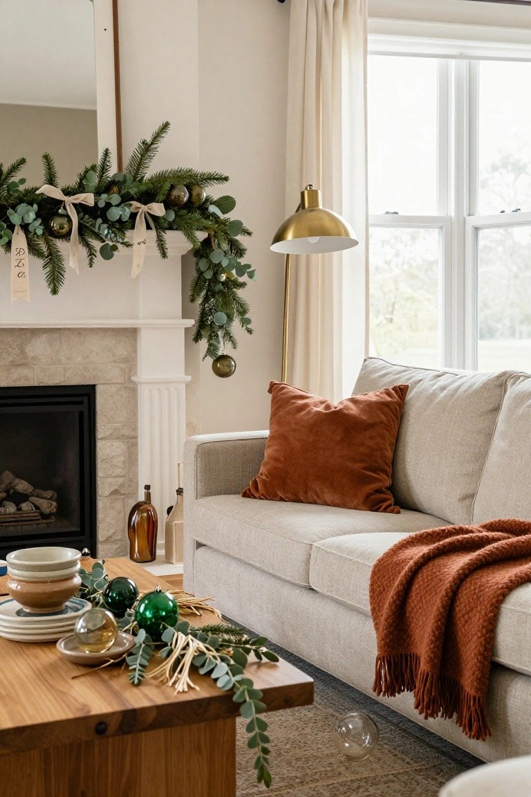 Living room with stone fireplace mantel decorated by eucalyptus garland, pine branches, white ribbons, and assorted green and gold glass ornaments, beige linen sofa with rust velvet pillows and throw blanket, wooden coffee table holding plates, glass orbs, and more eucalyptus, gold floor lamp, and window with sheer curtains.